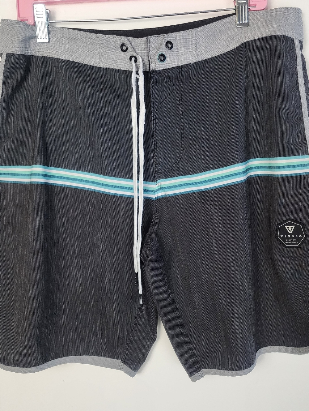 VISSLA Gray Blue Striped Drawstring Swim Board Shorts Beach Lake Swim